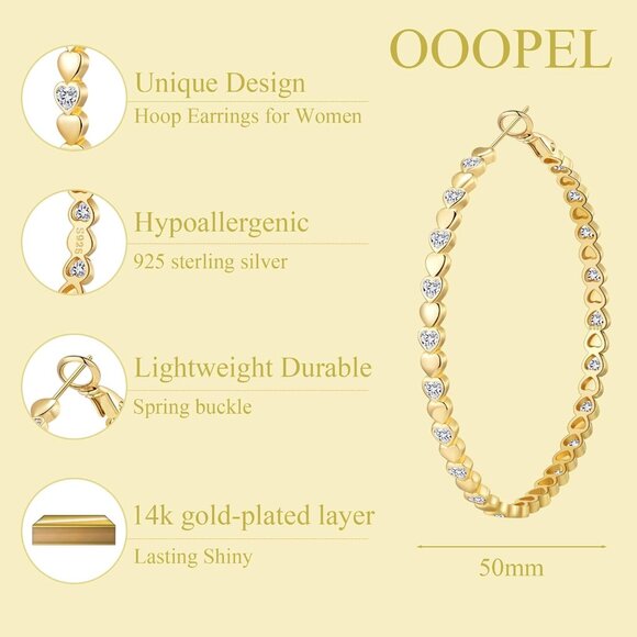 14k Gold Plated 50mm Heart Cubic Zirconia Rhinestone Hoop Earring for Women - Picture 3 of 7